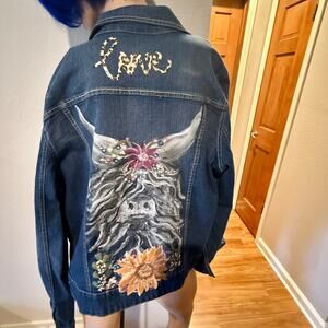 Faded Glory Jeans Jacket With Hand Painted Flower Bull Size Large